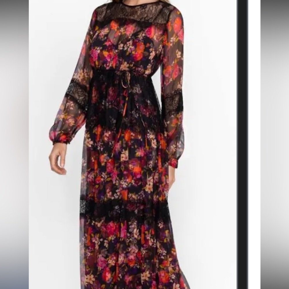 Johnny Was Black and Floral Long Sleeve Dress
